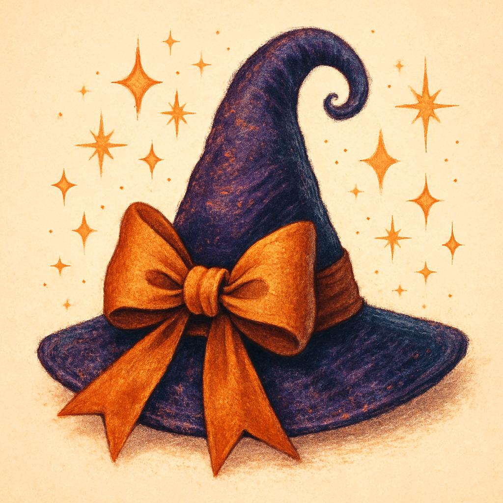A vibrant, digital illustration of a colorful, witch hat with a large, bow-tied ribbon on its forehead, surrounded by star-like sparkles on a cream background. CVY.AI
