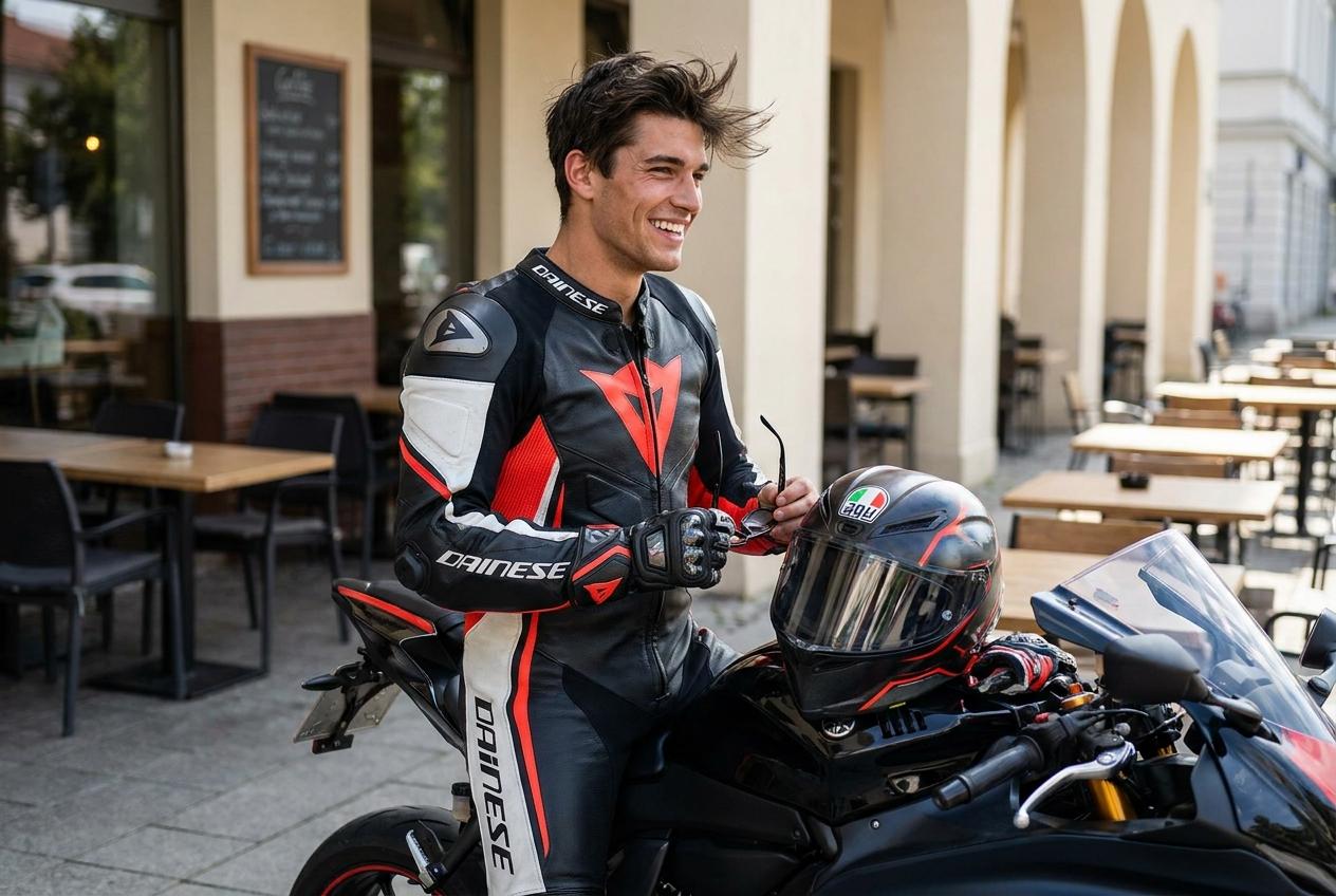 A muscular motorcyclist, dressed in a full Dainese suit, boots, and gloves, but without a helmet, is handsome, dashing, 18 years old, and sexy. CVY.AI