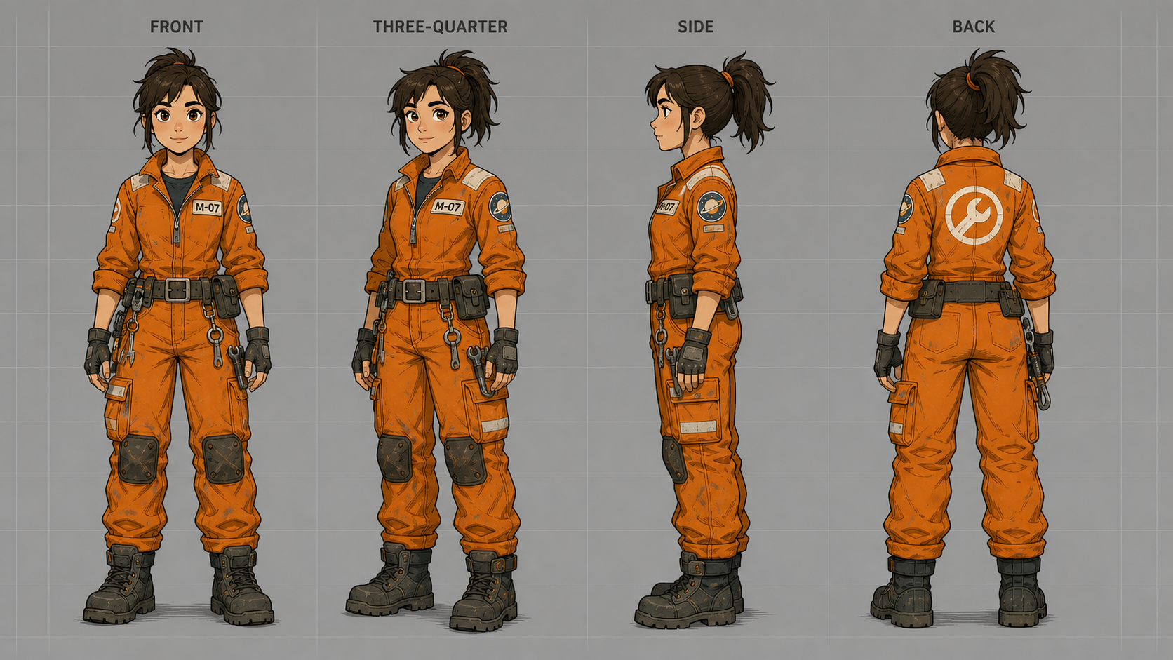 Character reference turnaround sheet for an original young space mechanic — orange jumpsuit with utility belt and chunky boots — shown in four standing poses in a row, labeled "FRONT" "THREE-QUARTER" "SIDE" "BACK", neutral pose in each view, plain warm-grey background with thin grid lines, concept-art style with clean linework and flat color blocking, ready for animation reference or game-dev character bible.